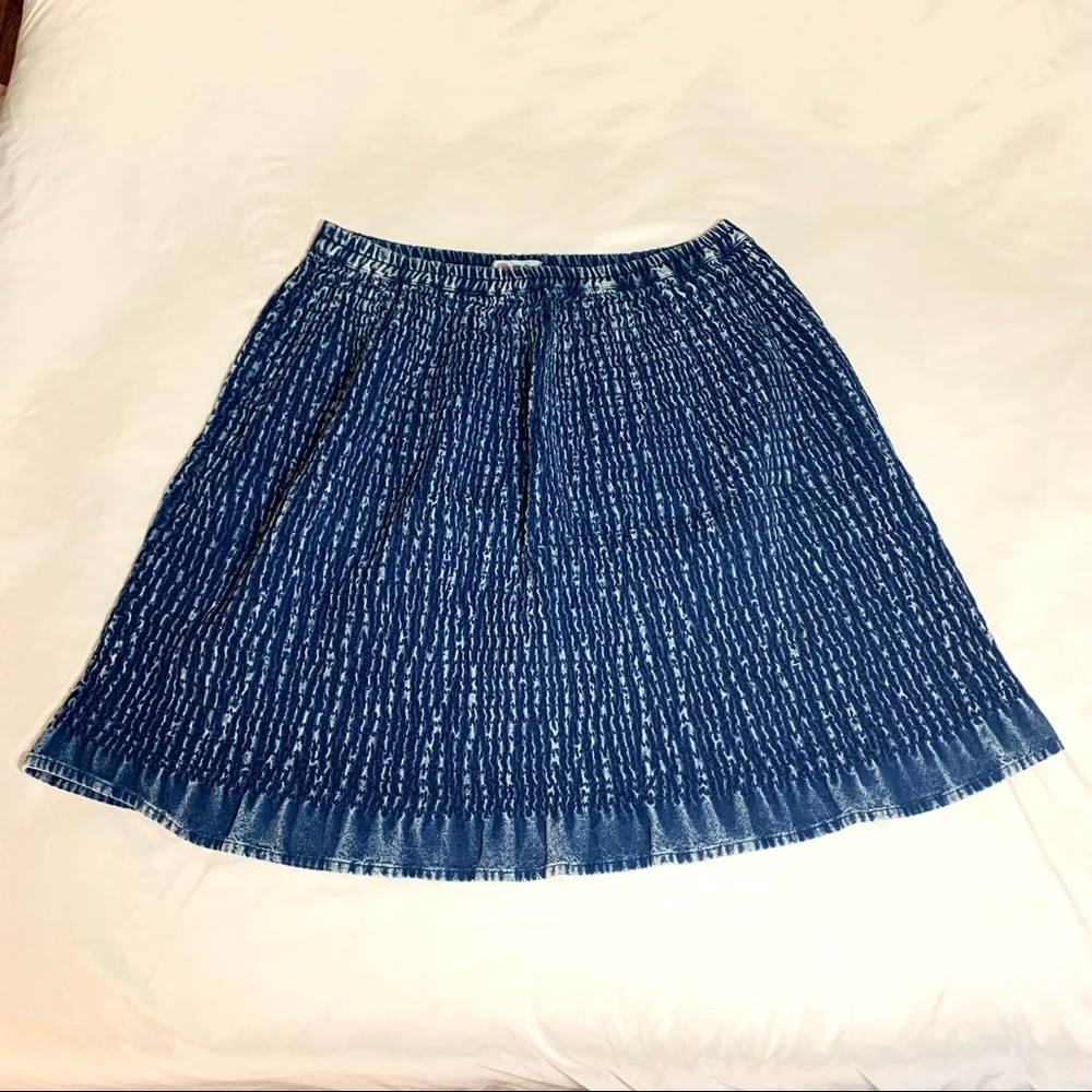 Vintage Meede Crimped Pleated Midi A line Denim Skirt